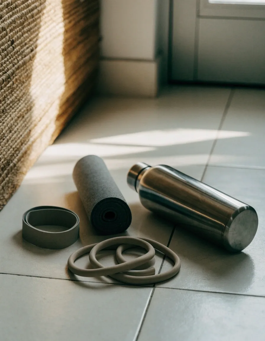 Botol air, matras tipis yang digulung, dan resistance band ringan disusun di lantai