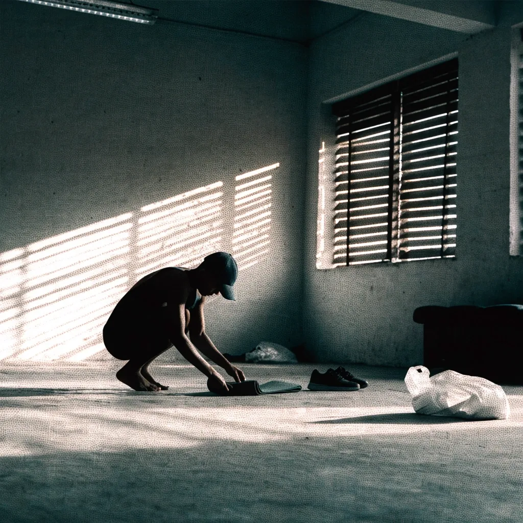 Satu orang merapikan matras di studio kebugaran lingkungan saat pagi