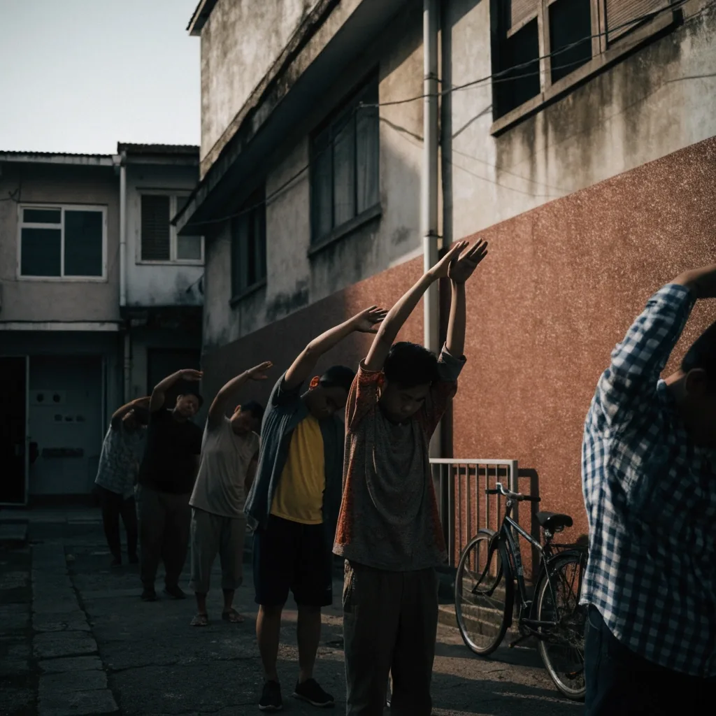 Lingkaran peregangan warga sebelum lari pagi bersama di gang kampung
