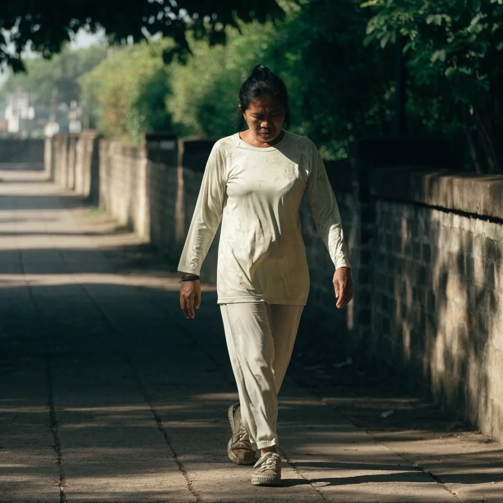 Seorang perempuan berjalan santai di jalur pedestrian teduh dengan botol air di tangan