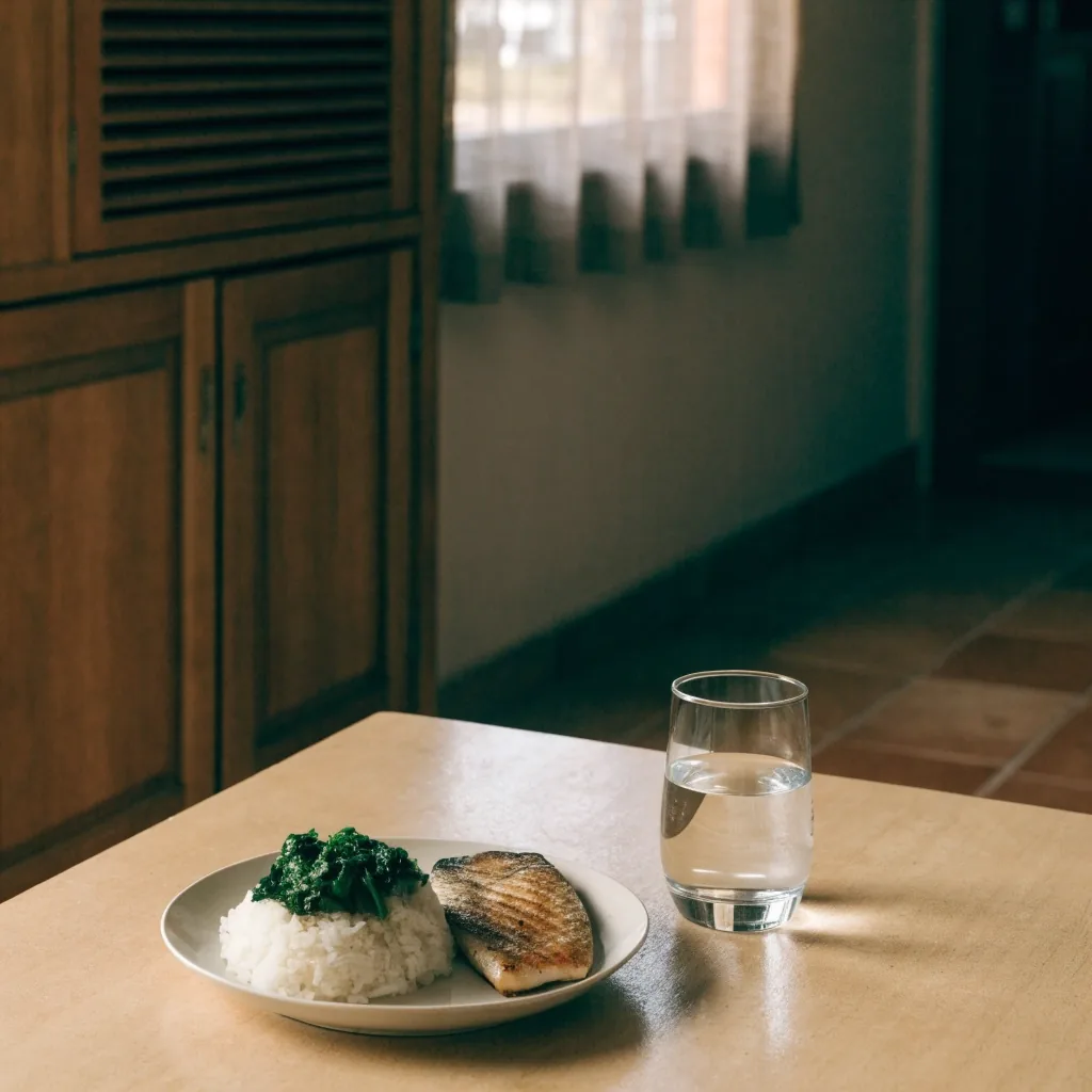 Meja makan pagi dengan sepiring nasi, sayur hijau, ikan, dan segelas air putih
