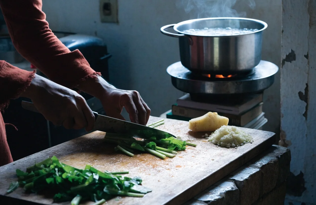 Tangan memotong sayur segar di papan kayu di dapur rumah