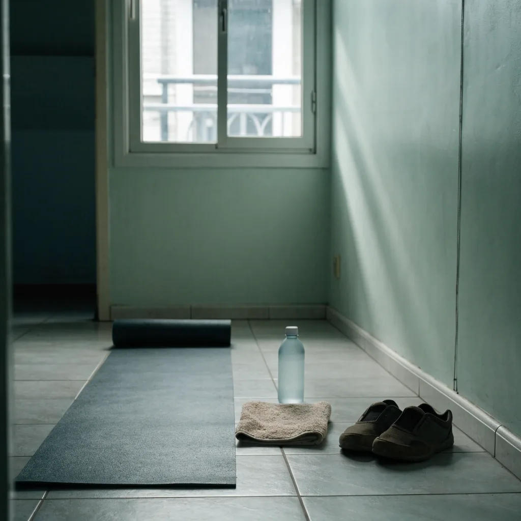 Peralatan latihan rumah sederhana: matras tipis, botol air, handuk kecil, dan sepatu