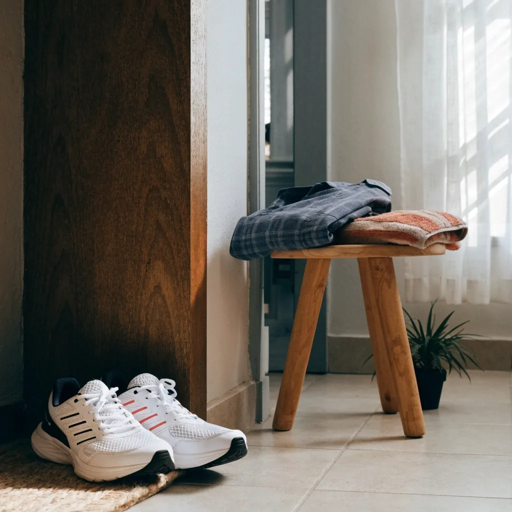 Sepatu dalam rumah dan pakaian olahraga terlipat di dekat pintu masuk