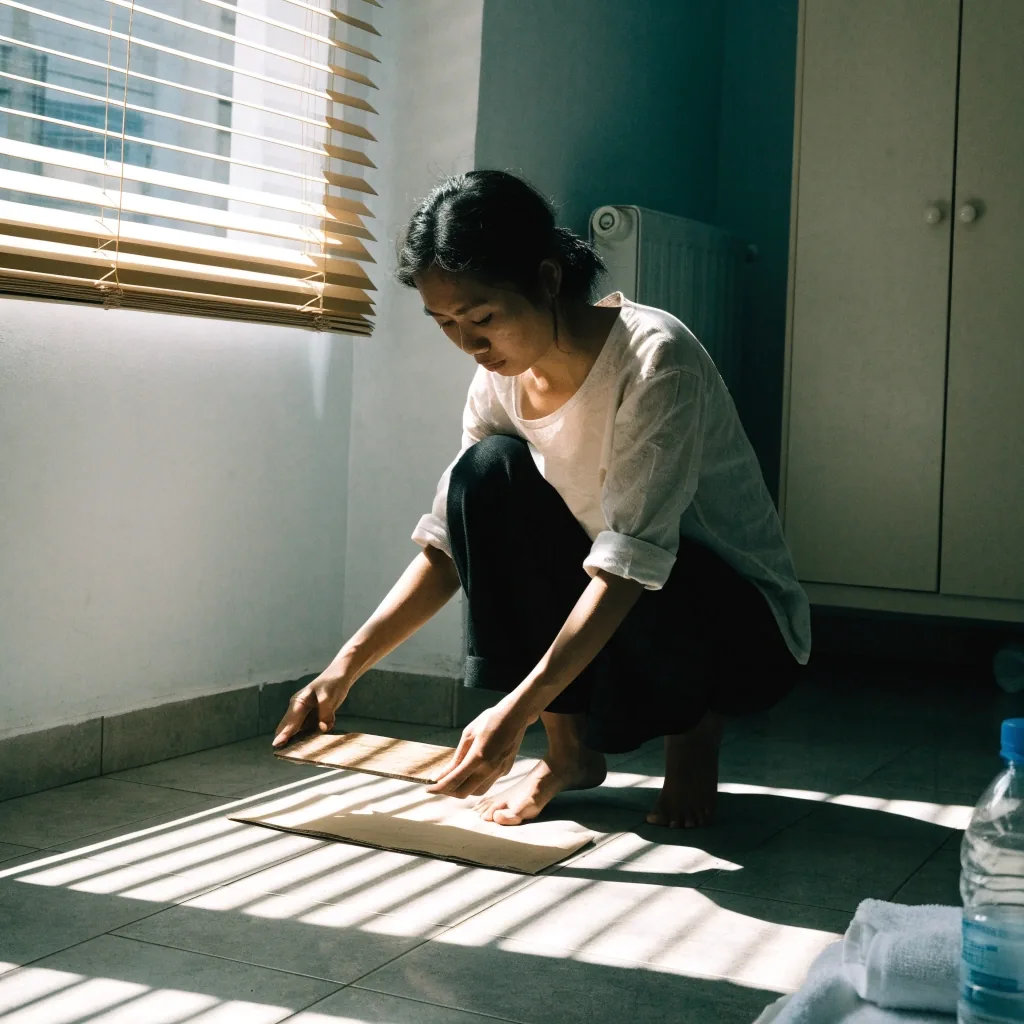 Sesi plank singkat di atas matras tipis di ruang tamu rumah pada pagi hari