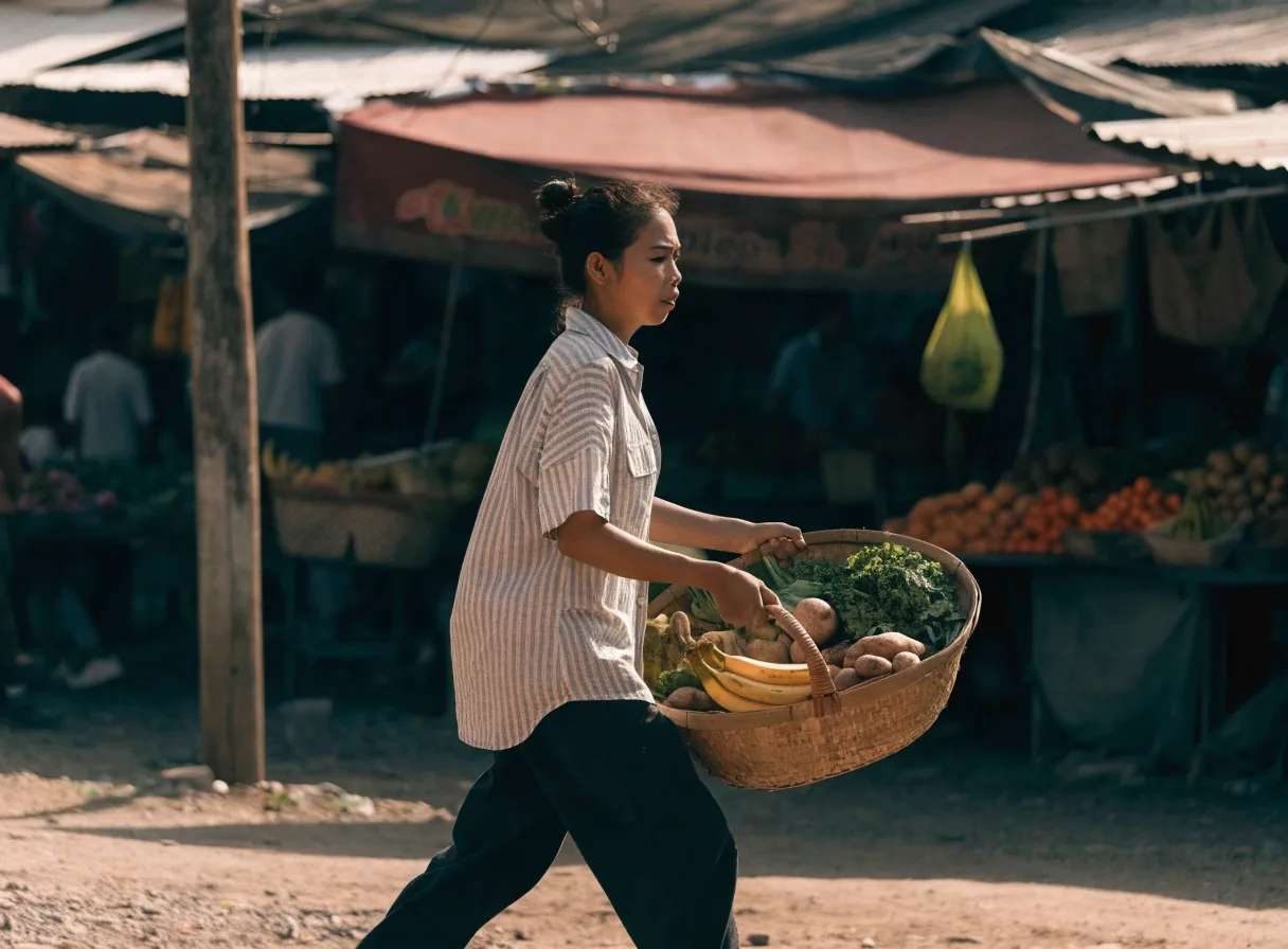 Kios pasar tradisional dengan keranjang sayuran segar dan buah pada pagi hari