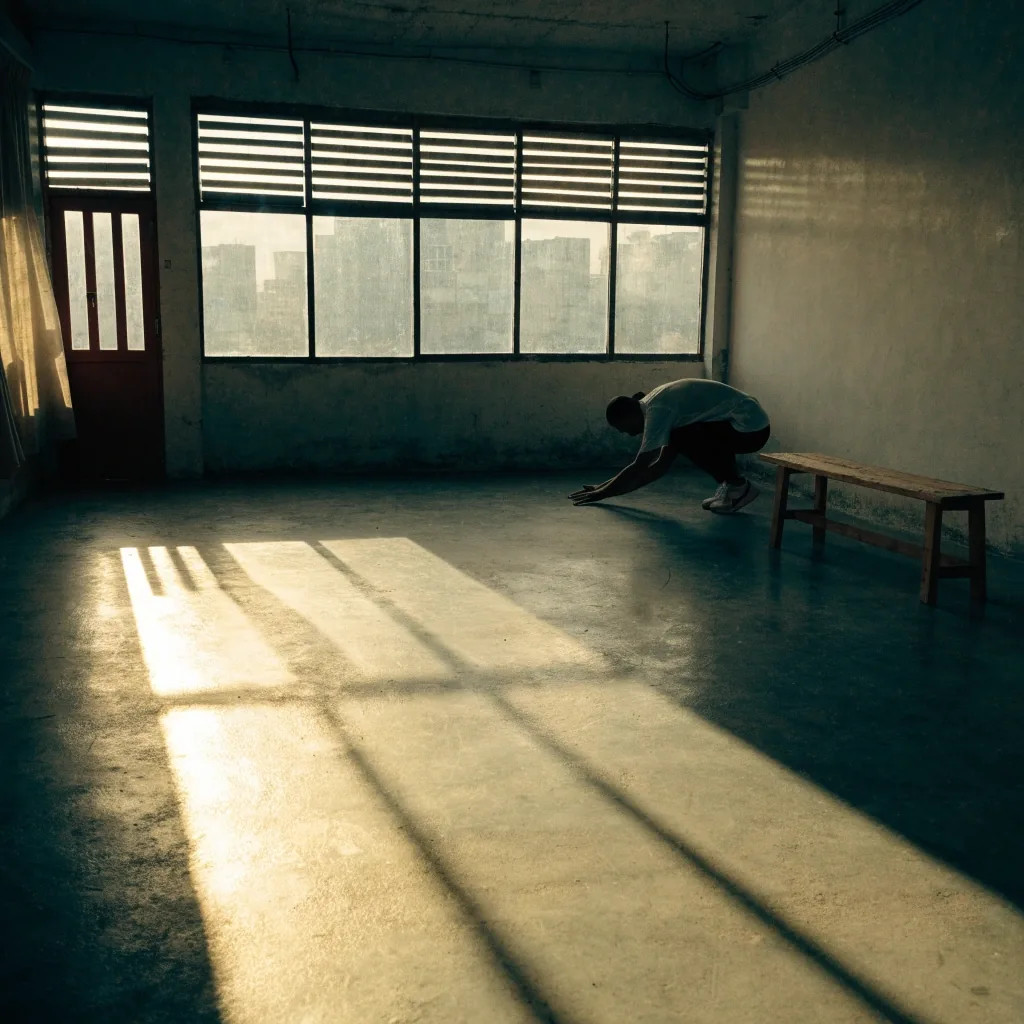 Ruang latihan kecil dengan cahaya pagi melalui jendela bilah, seorang peserta meregang di atas matras